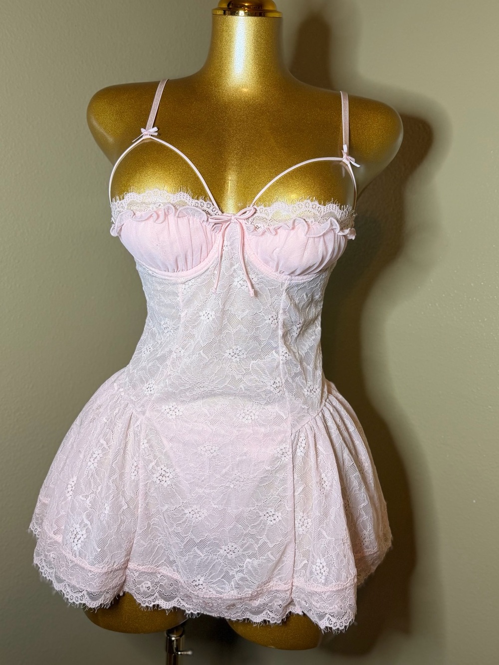 Sheer Pink Lace Chemise with Ruffled Cups